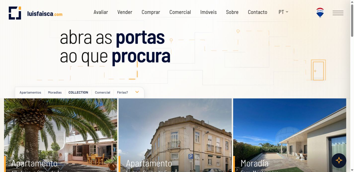 Página de imóveis de luisfaisca.com, com pesquisa e imóveis, num ecrã desktop.