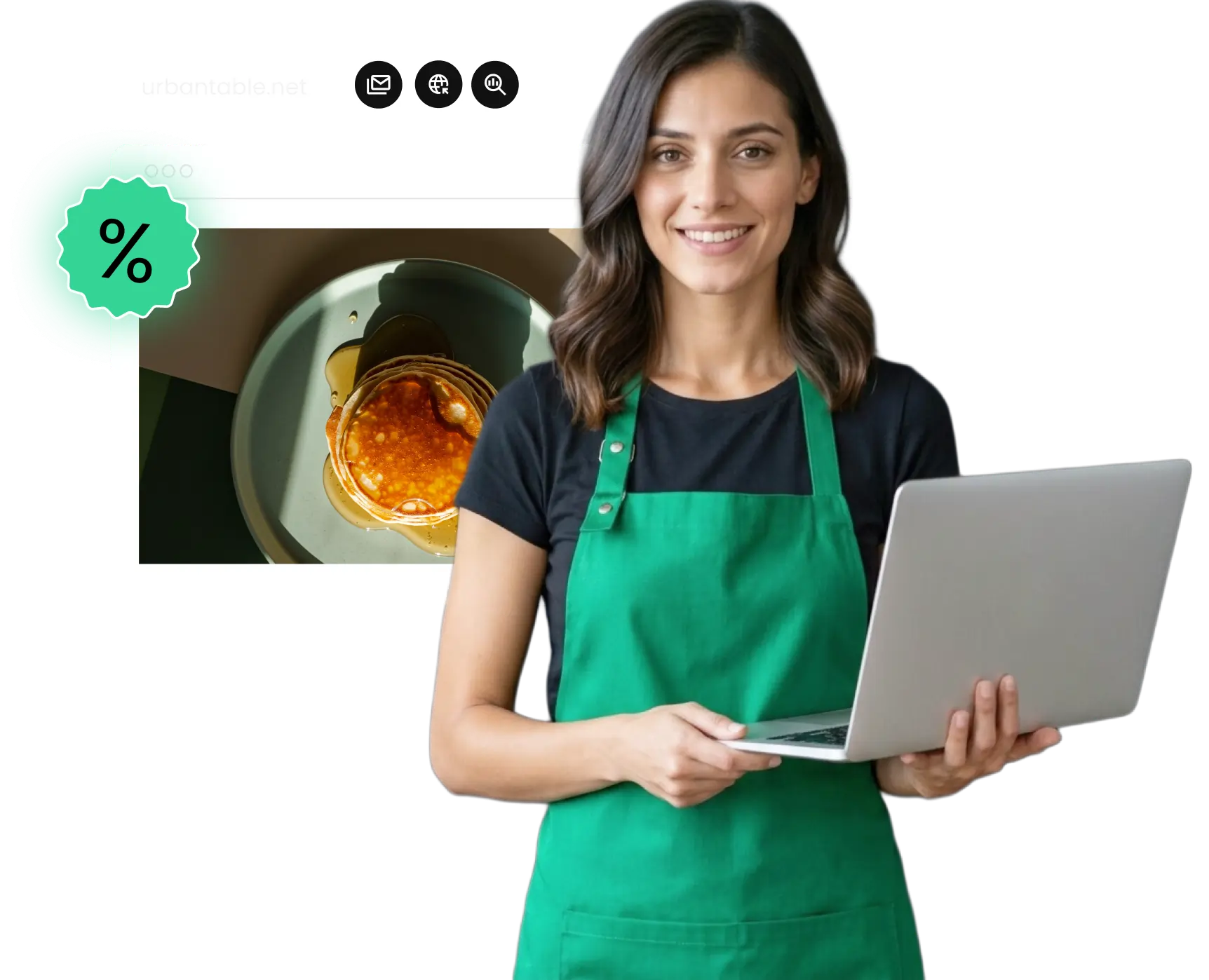 Composição oficial SiteGround: profissional com um portátil, uma página de site e ferramentas de email e domínio