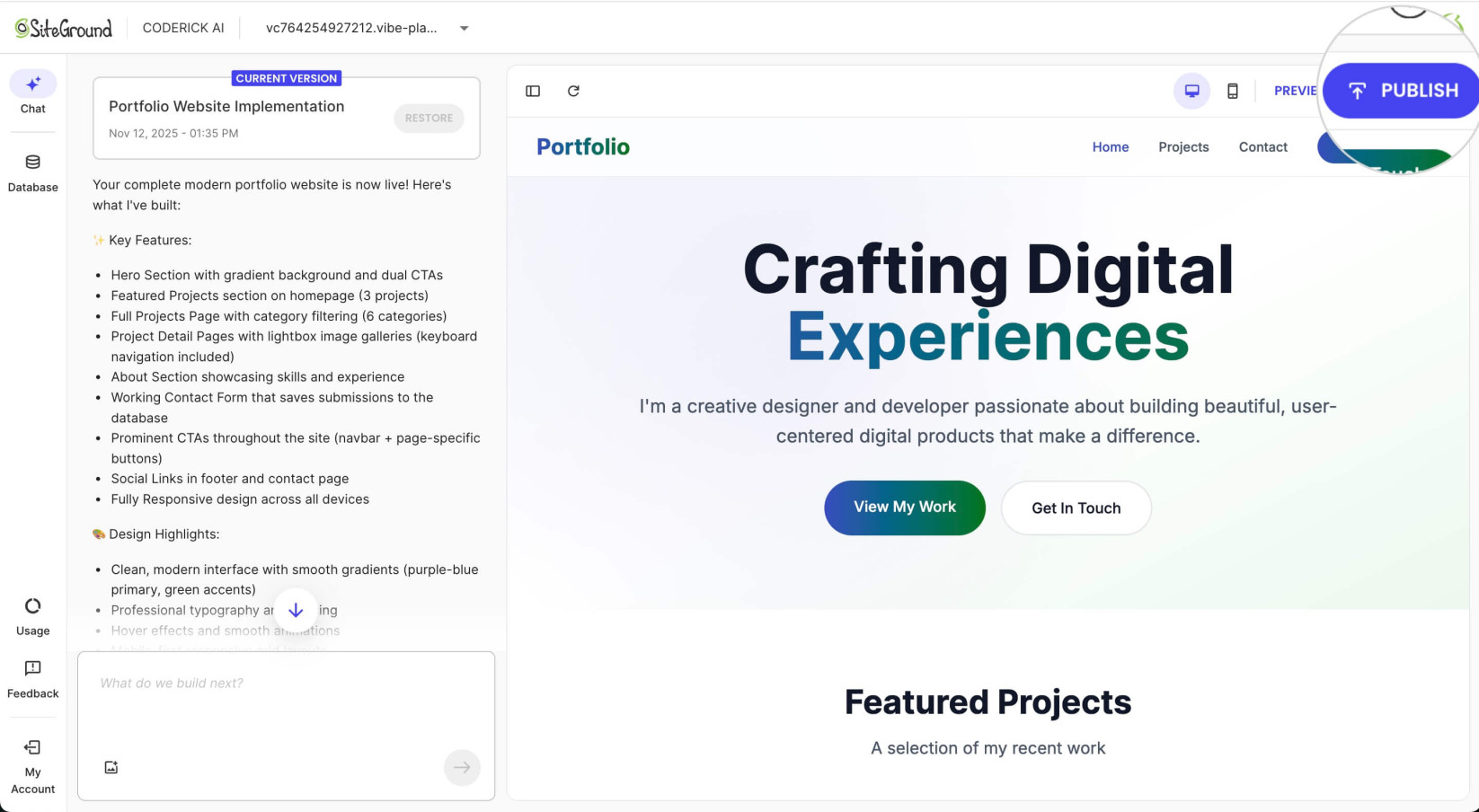 Captura do tutorial oficial: conversa e pré-visualização de um site no Coderick AI